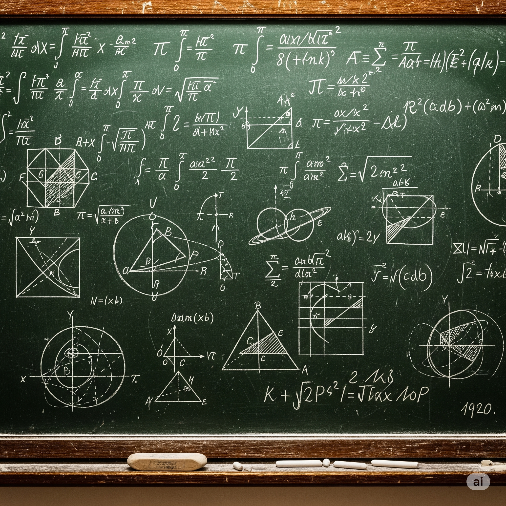 Vintage chalkboard with complex historical mathematical formulas and diagrams